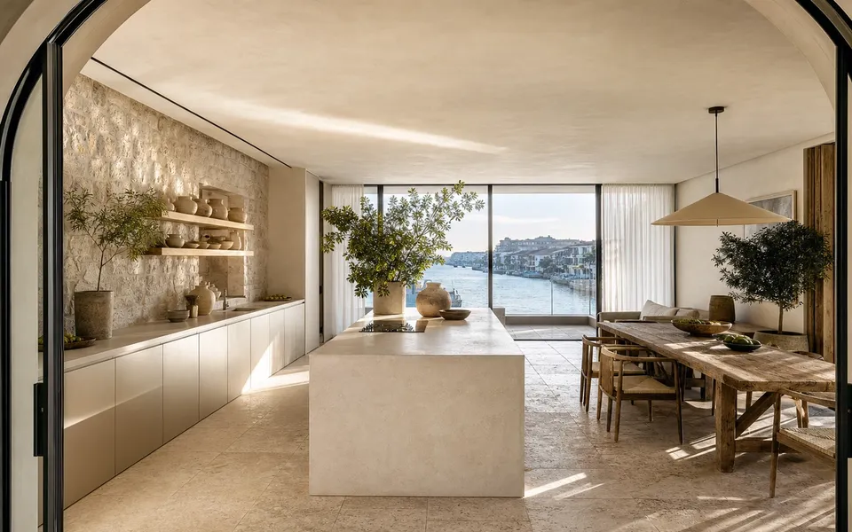 Fadior Hangzhou 220 sqm Kitchen Penthouse — Hangzhou penthouse kitchen island, pantry wall, travertine floor, teak table, — 304 stainless steel cabinetry installation by Fadior