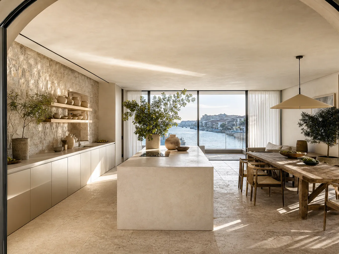 Fadior Hangzhou 220 sqm Kitchen Penthouse — Hangzhou penthouse kitchen island, pantry wall, travertine floor, teak table,