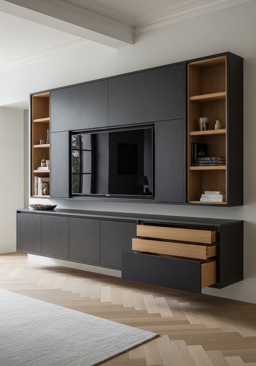 Fadior Essence Media Console — interior room context showing cabinet integration