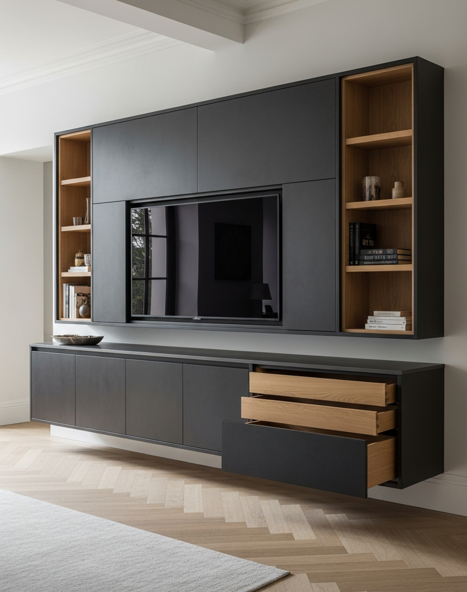 Fadior Essence Media Console — interior room context showing cabinet integration