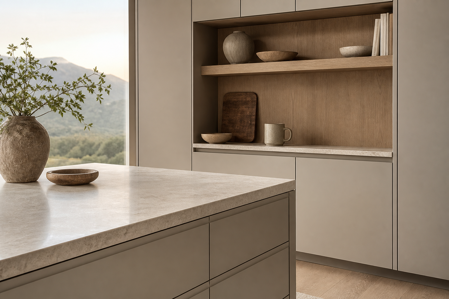 Fadior Meridian Kitchen Suite with Pocket Breakfast Landing — close-up of stainless steel finish and hardware detail