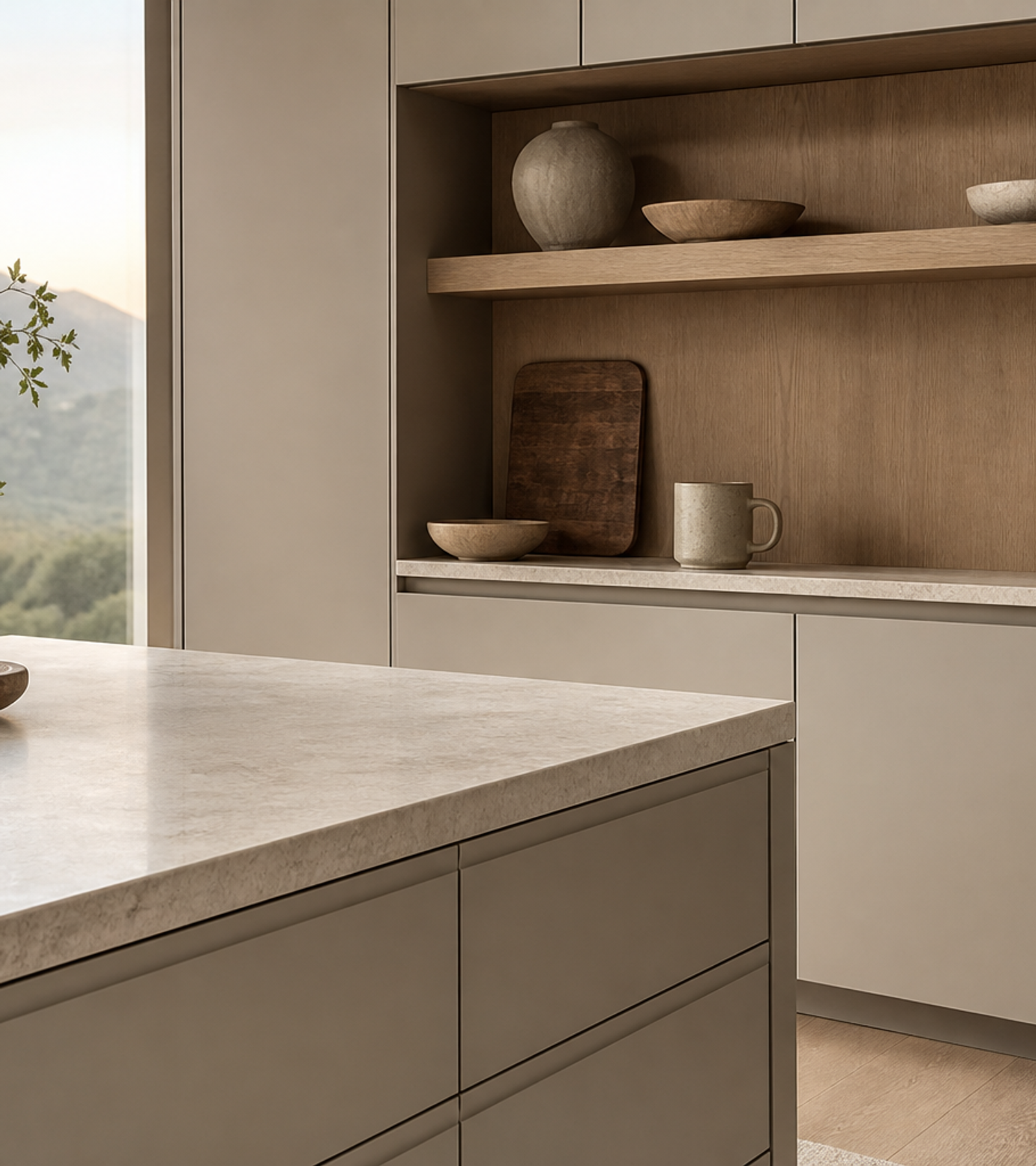 Fadior Meridian Kitchen Suite with Pocket Breakfast Landing — close-up of stainless steel finish and hardware detail