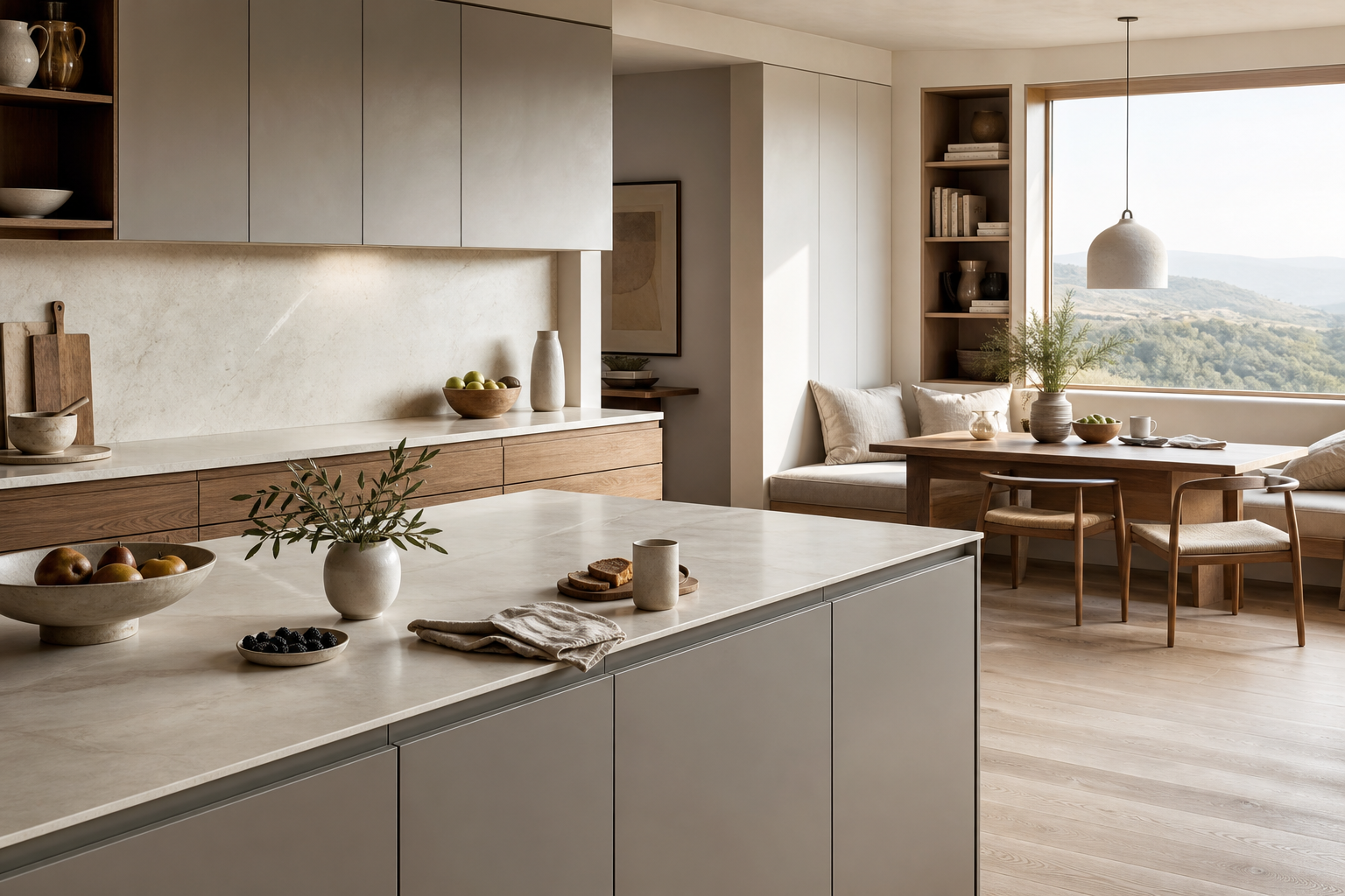 Lifestyle kitchen context with quiet breakfast setting and warm Italian cabinet planning.