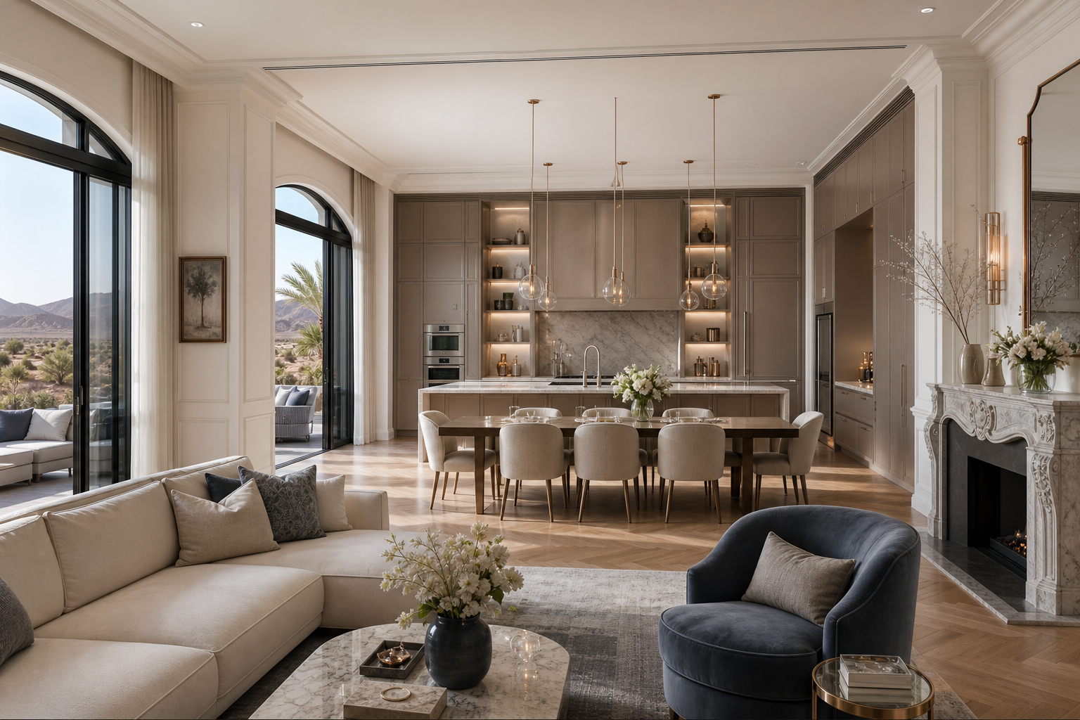 Fadior Las Vegas 200 sqm Kitchen Villa - marble island, dining table, sofa, arched window