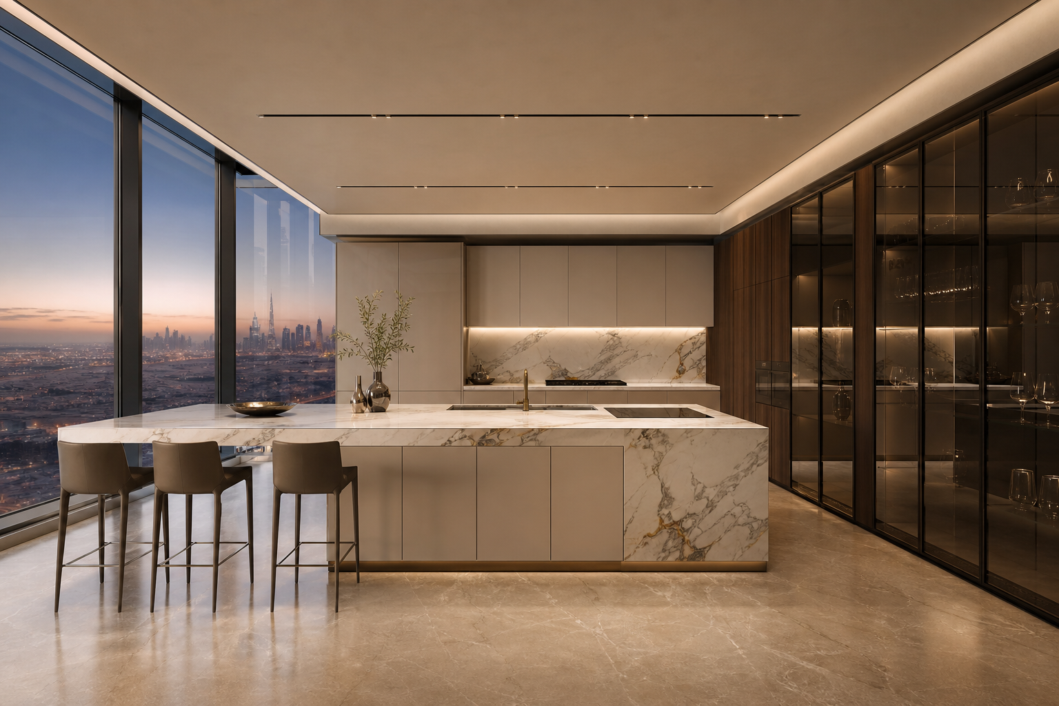 Fadior Dubai 185 sqm Kitchen Penthouse — Dubai cabinet plane, marble island, glass wall, limestone floor, skyline
