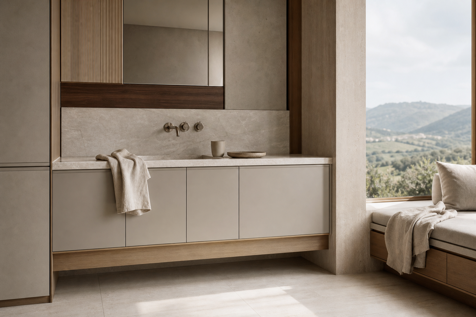Fadior Voyage Bath Vanity Suite with Pearl Reed Wash Alcove — lifestyle setting with natural light and residential styling