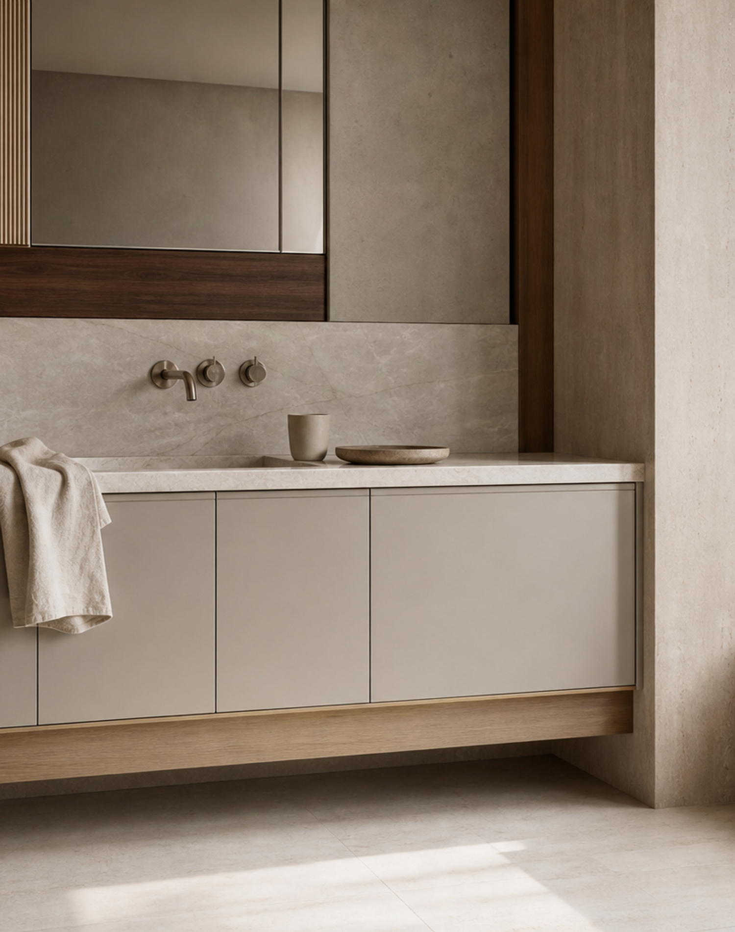 Fadior Voyage Bath Vanity Suite with Pearl Reed Wash Alcove — lifestyle setting with natural light and residential styling