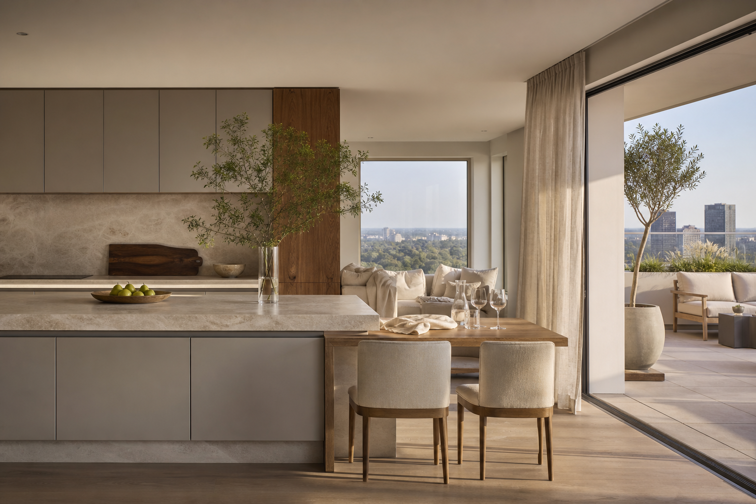Fadior Houston 250 sqm Kitchen Penthouse — Fadior Houston terrace setting — serving cabinet, dining table, oak floor,