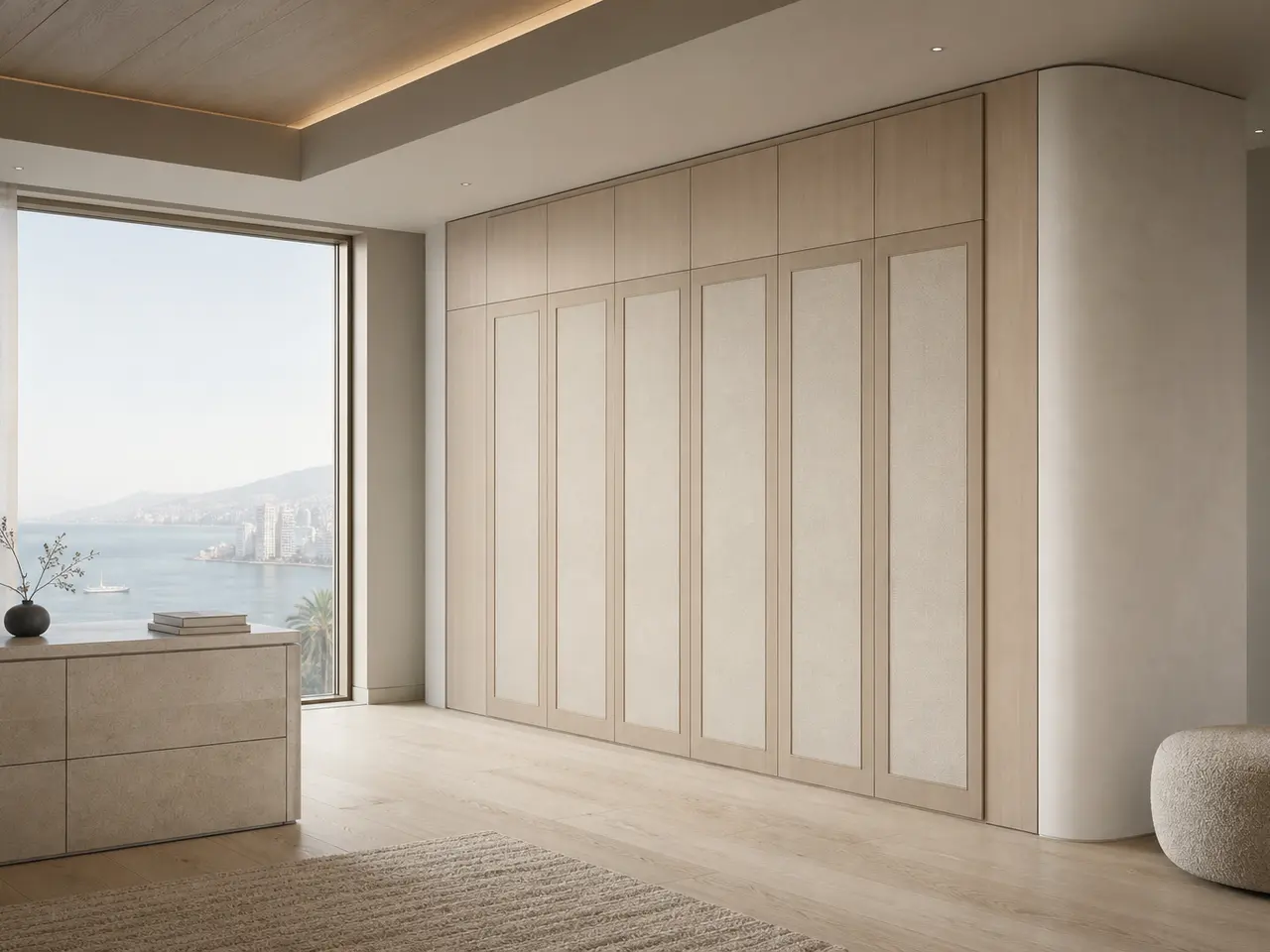 Fadior Conjunto de vestidor Elementum con umbral de viaje en Parchment - vestidor a medida en acero inoxidable 304 con acabados residenciales, almacenamiento y planificación por estancia