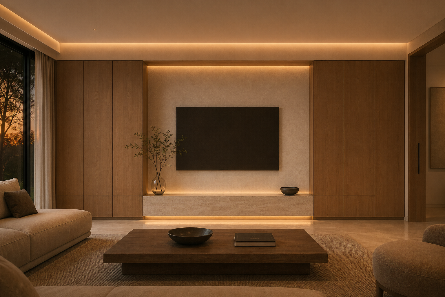 Fadior Patina Living Room Suite with Mineral Hearth Media Wall — lifestyle setting with natural light and residential styling