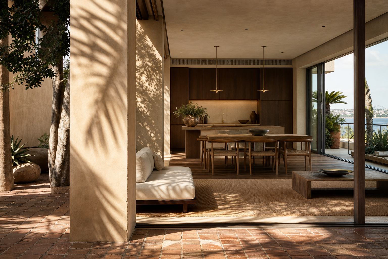 Fadior Sydney 120 sqm Kitchen Apartment — Sydney living and dining room with kitchen island, sofa, table, cabinet wall, balcony plants, and harbour view