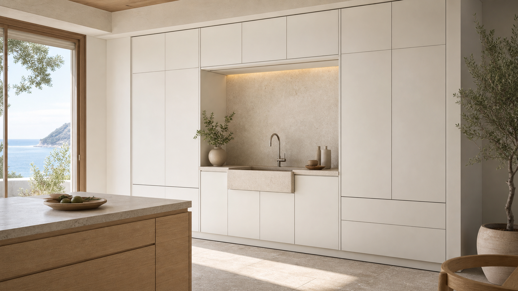 Fadior Solace Kitchen Suite with Apron Wash Prep Wall — lifestyle setting with natural light and residential styling