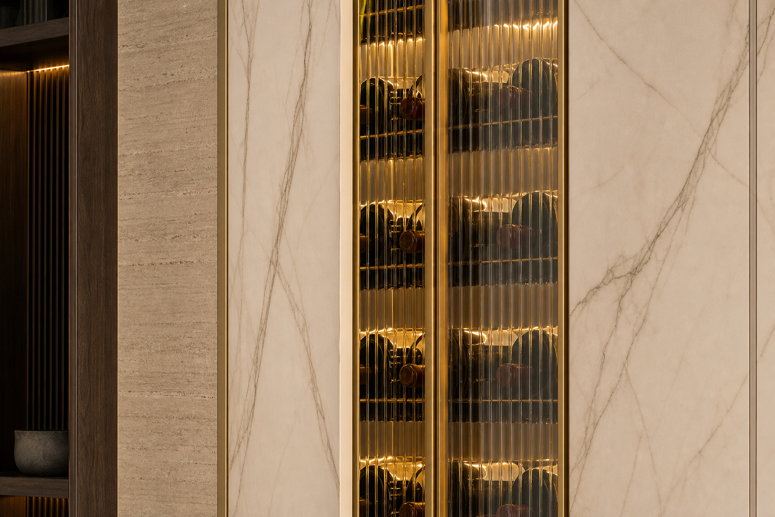 Fadior Cru Wine Cabinet Suite with Reeded Bottle Spine — close-up of stainless steel finish and hardware detail
