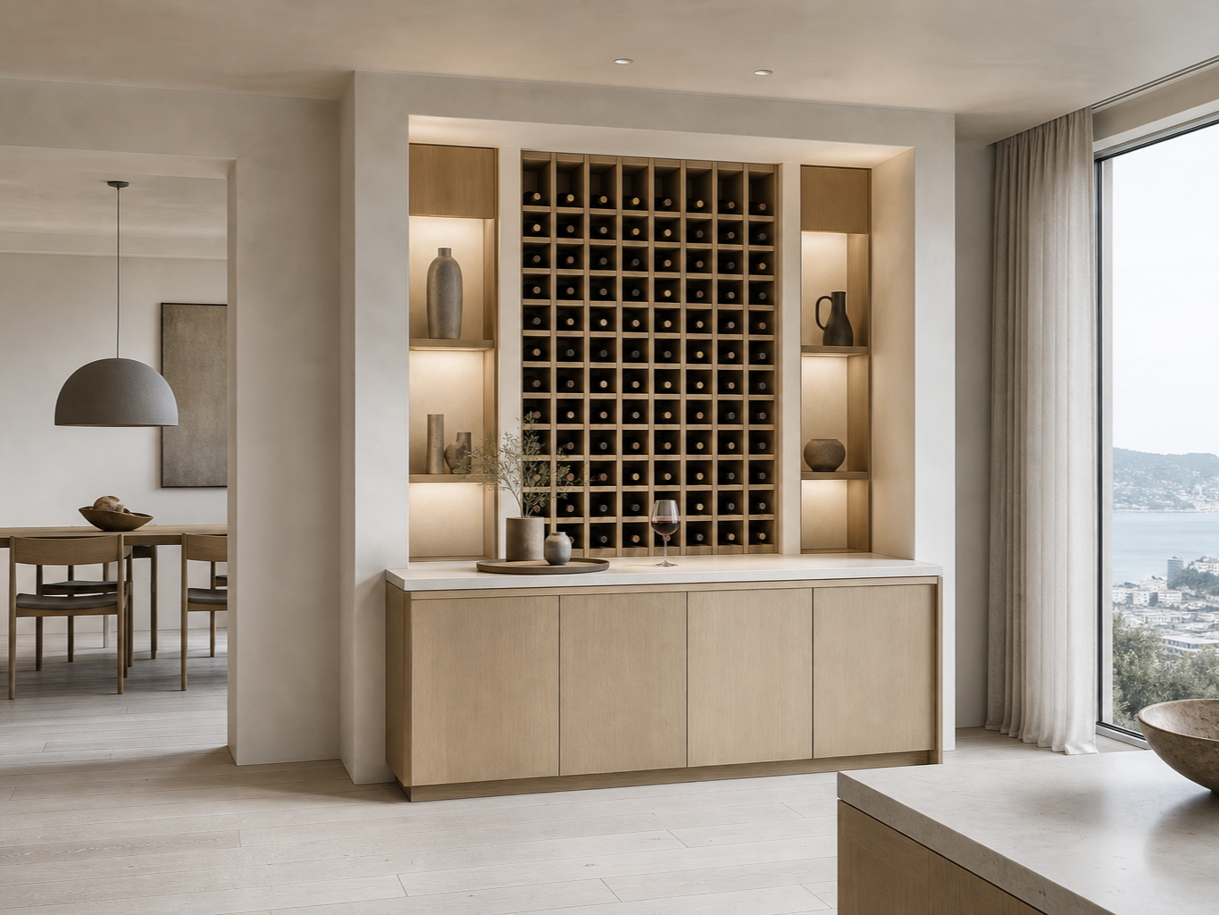Fadior Grotto Wine Cabinet Suite with Chalk Cellar Tasting Plinth — interior room context showing cabinet integration