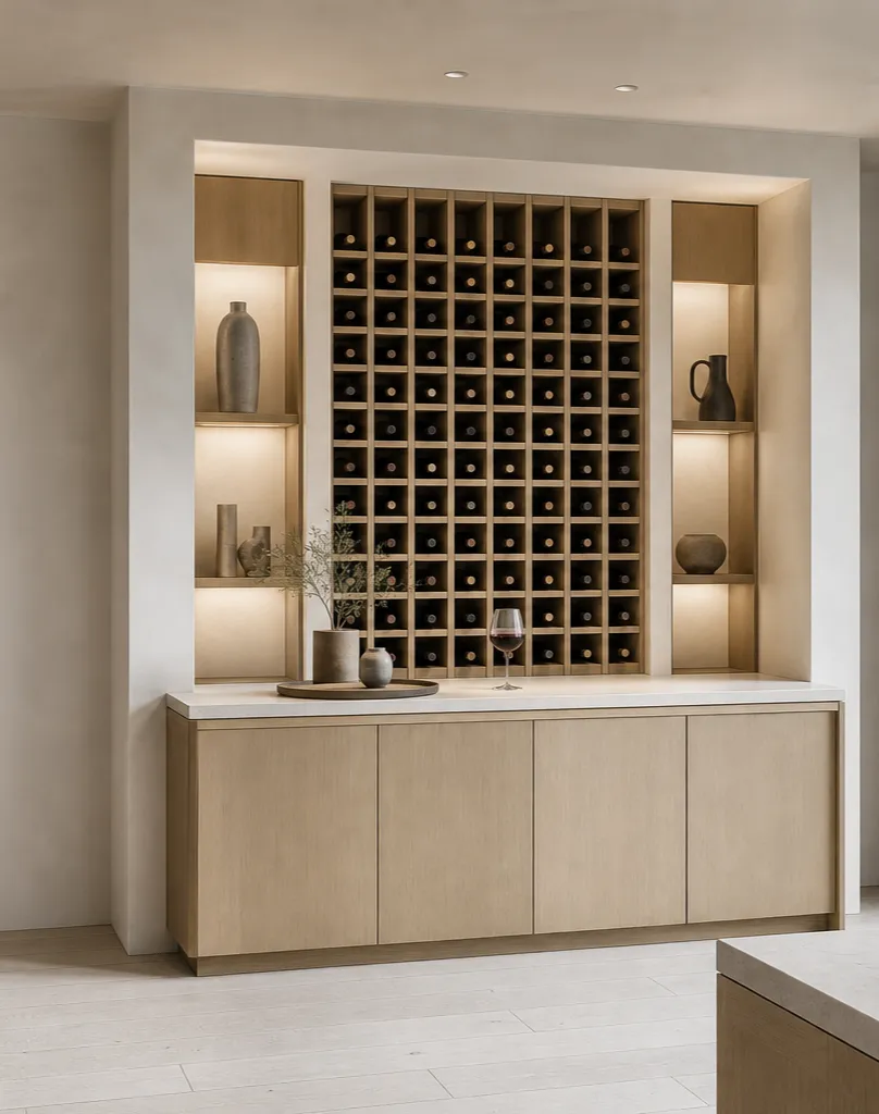 Fadior Grotto Wine Cabinet Suite with Chalk Cellar Tasting Plinth — interior room context showing cabinet integration