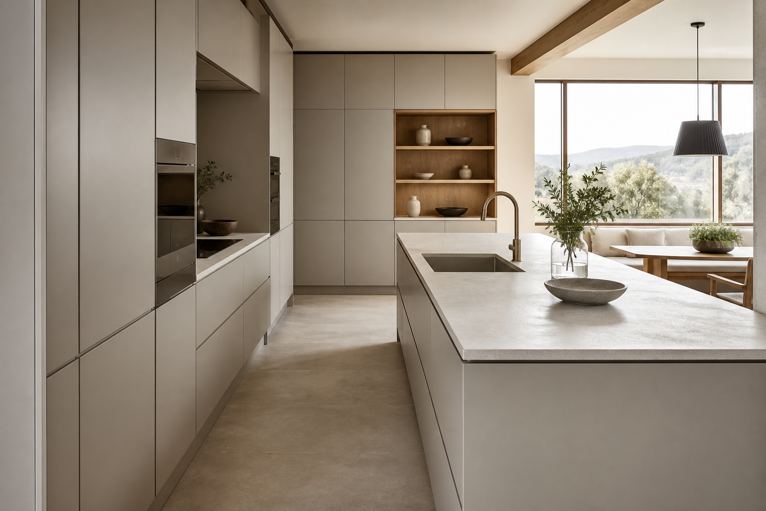 Fadior Meridian Kitchen Suite with Architectural Datum Island — interior room context showing cabinet integration