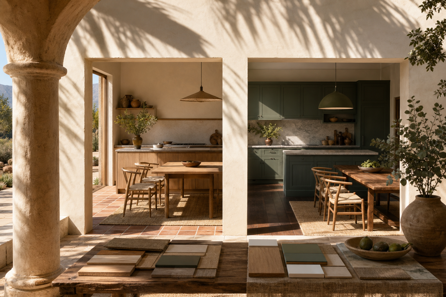 Two courtyard kitchen planning zones comparing cabinet budget scope without labels