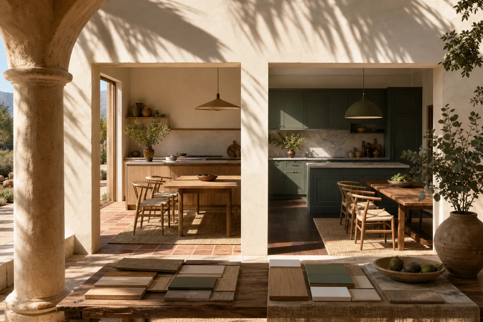 Two courtyard kitchen planning zones comparing cabinet budget scope without labels
