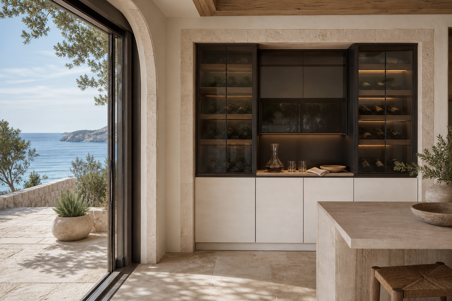 Fadior Gloria Wine Cabinet Suite with Smoked Glass Decanting Bay — lifestyle setting with natural light and residential