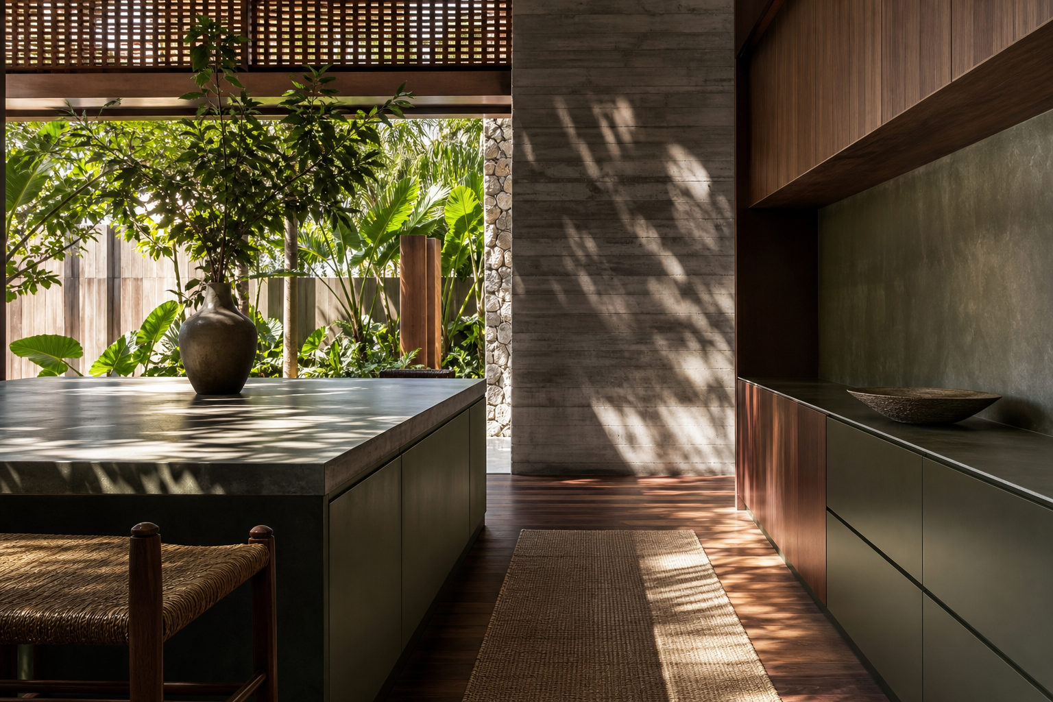 Fadior Perth 400 sqm Kitchen Villa - cabinet face, counter edge, concrete wall, plant shadow
