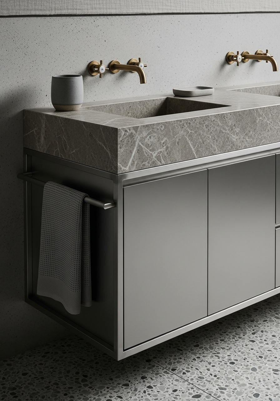 Fadior Acqua Vanity Suite — close-up of stainless steel finish and hardware detail