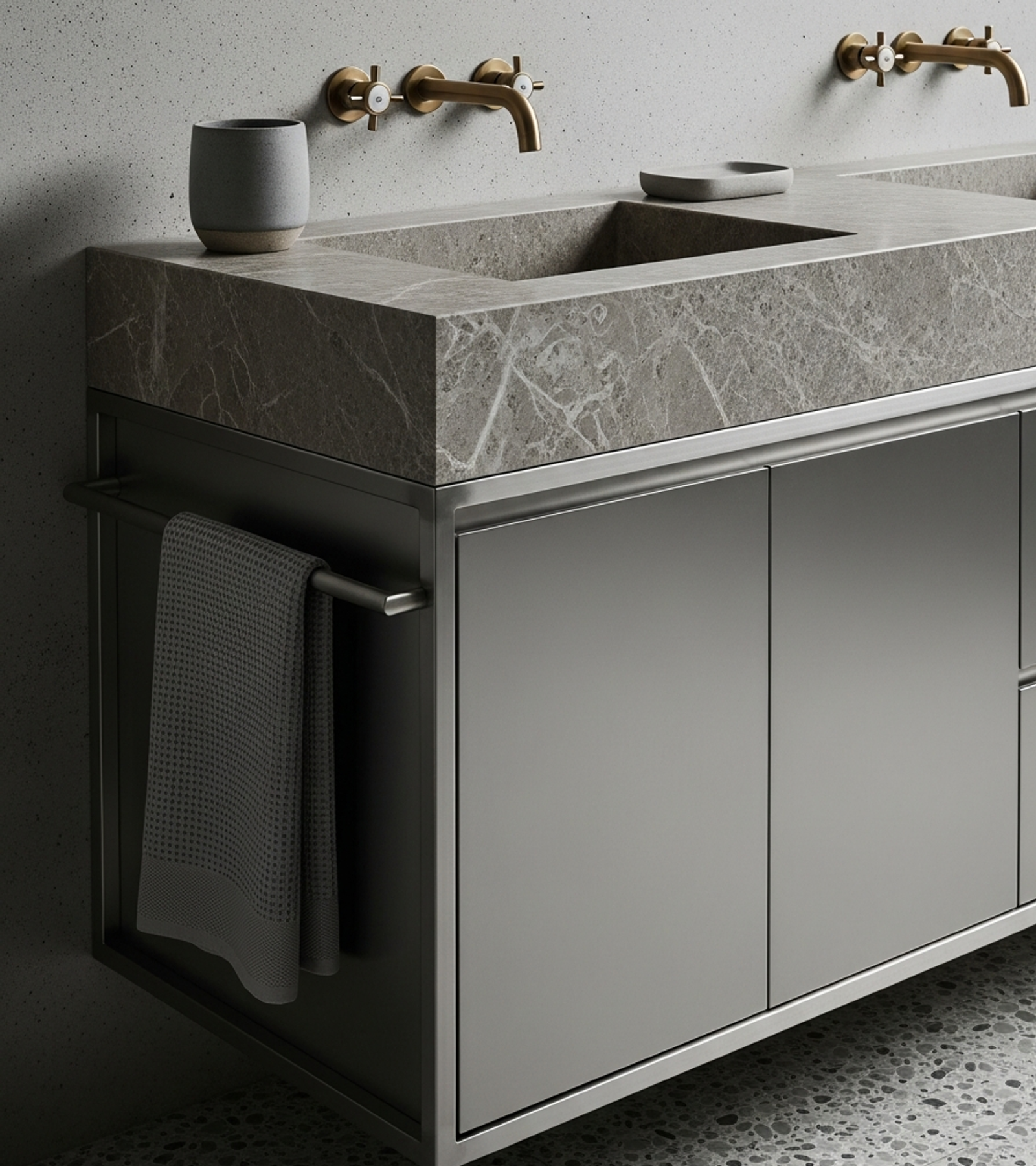 Fadior Acqua Vanity Suite — close-up of stainless steel finish and hardware detail