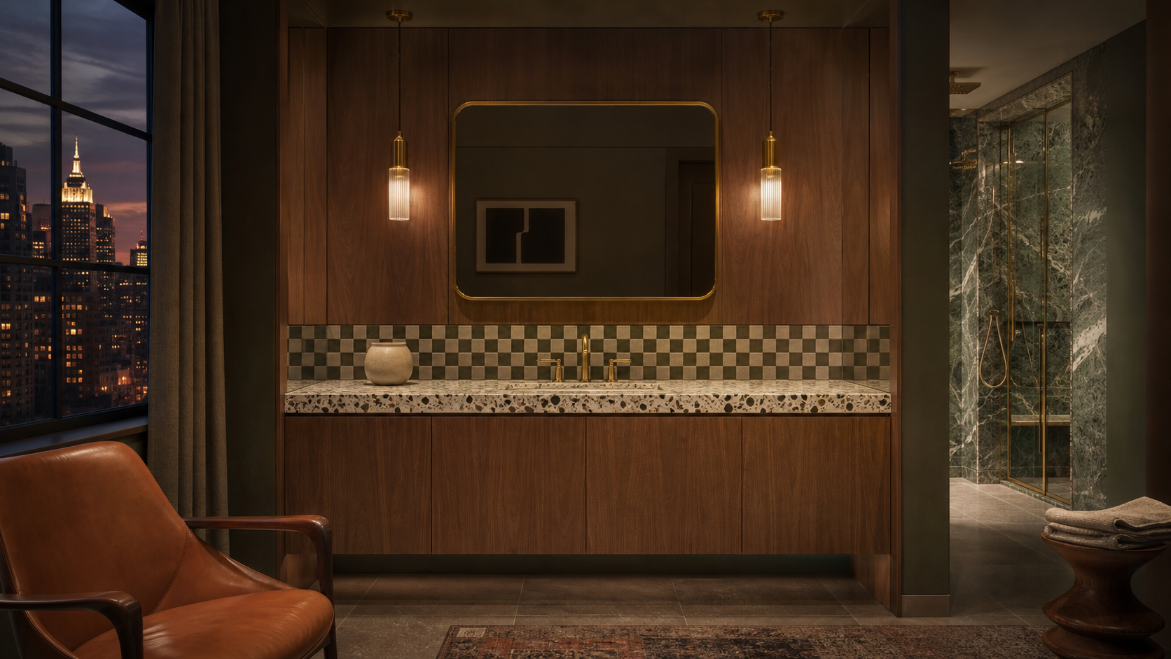 Fadior Nacre Bath and Vanity Suite with Panel-Ready Grooming Console — lifestyle setting with natural light and residential
