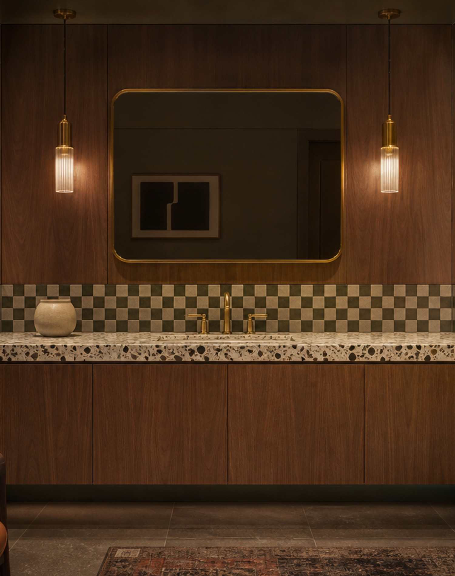 Fadior Nacre Bath and Vanity Suite with Panel-Ready Grooming Console — lifestyle setting with natural light and residential