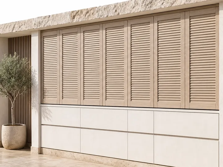Fadior Cannes Storm Shutter Storage Bay — 304 stainless steel balcony system, front view