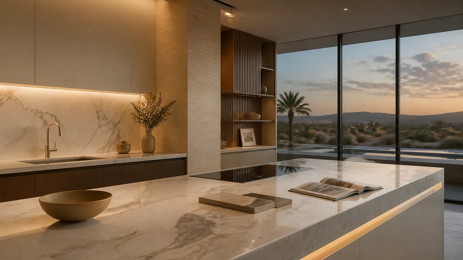 Kitchen atmosphere: luminous cream and champagne-tone Gulf villa kitchen prepared for a design-investment review.