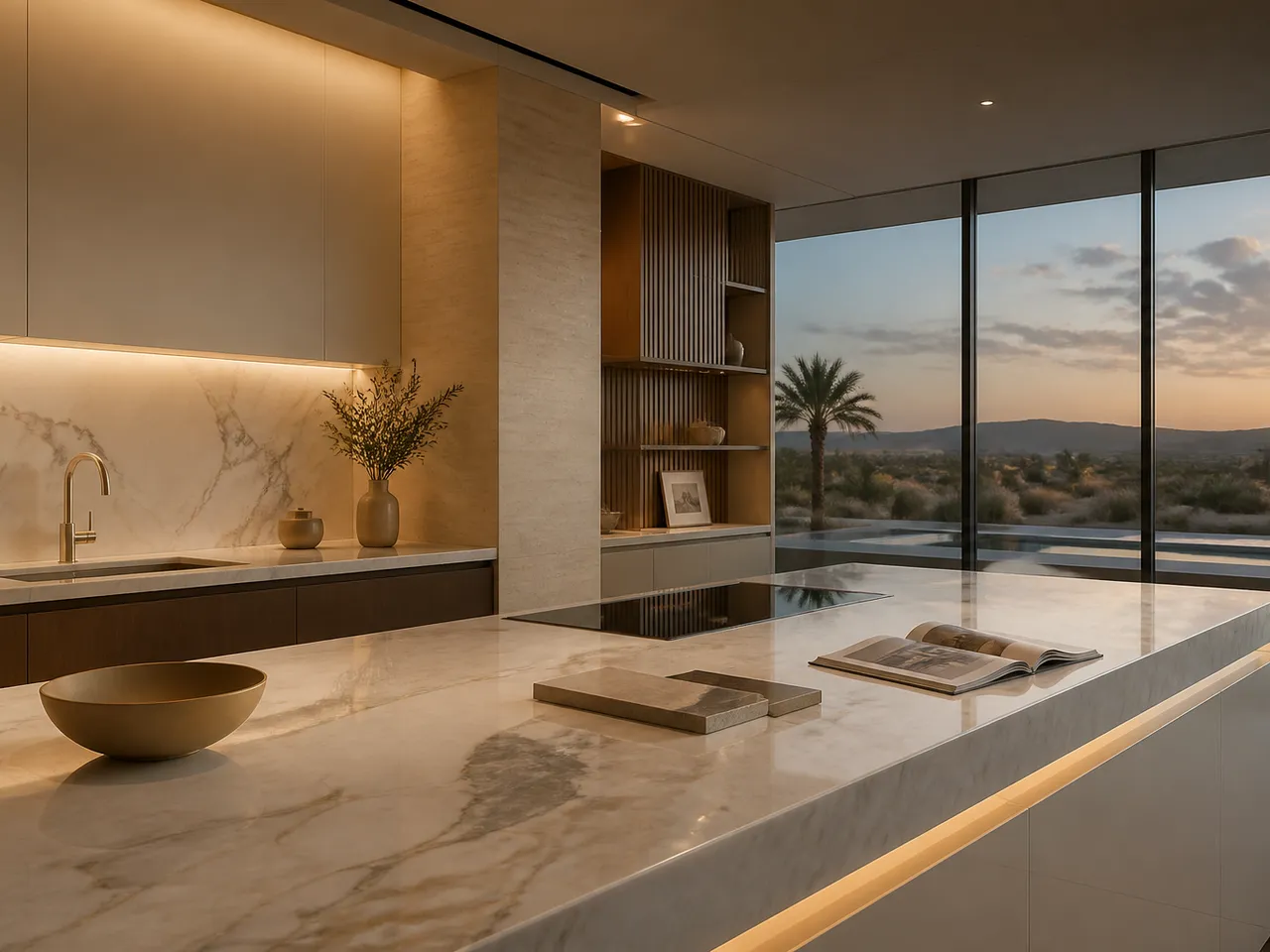 Kitchen atmosphere: luminous cream and champagne-tone Gulf villa kitchen prepared for a design-investment review. — 304 stainless steel cabinetry editorial by Fadior