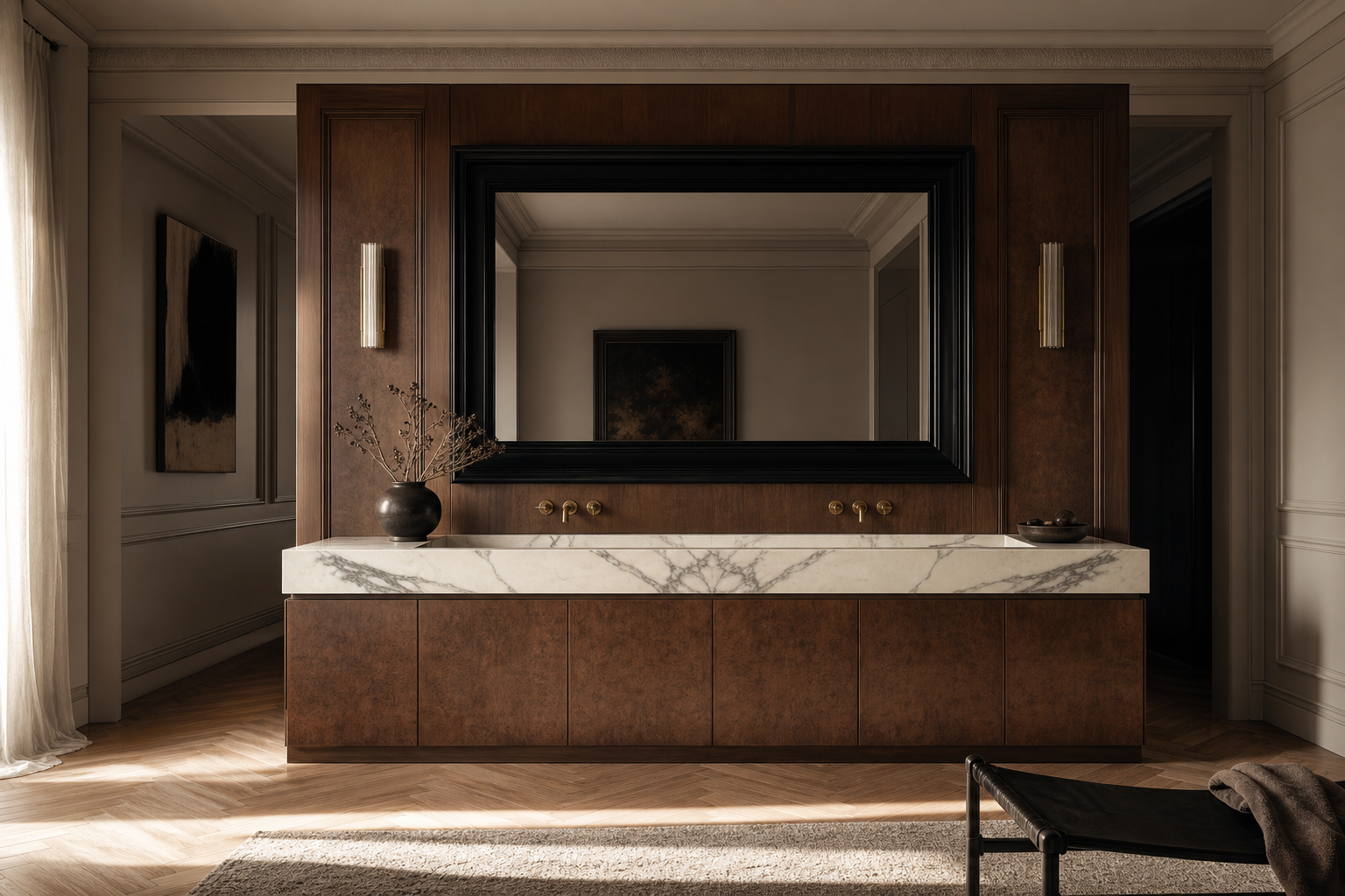 Fadior Solstice Bath and Vanity Suite with Calacatta Basin Sill — interior room context showing cabinet integration