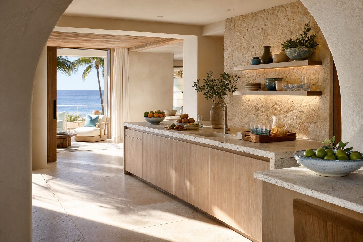 Fadior Miami Boutique Suite Hotel — Miami service kitchen with stone counter, timber cabinetry, open shelves, fruit bowl,