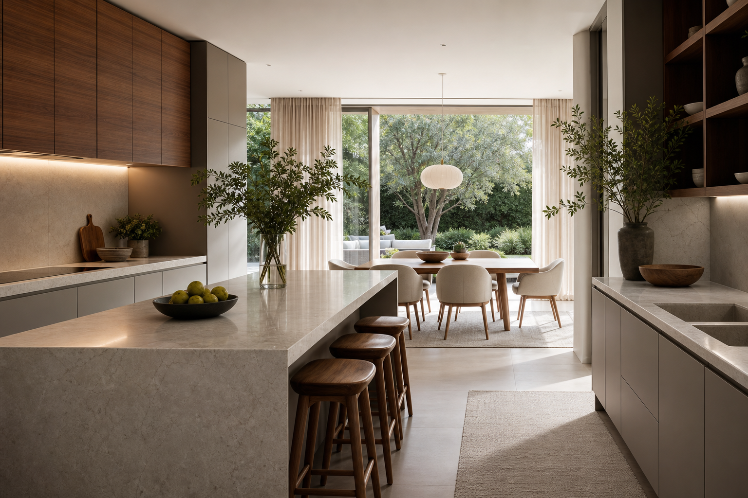 Calm kitchen and dining context with garden daylight, warm wood, pale stone, and practical luxury planning.