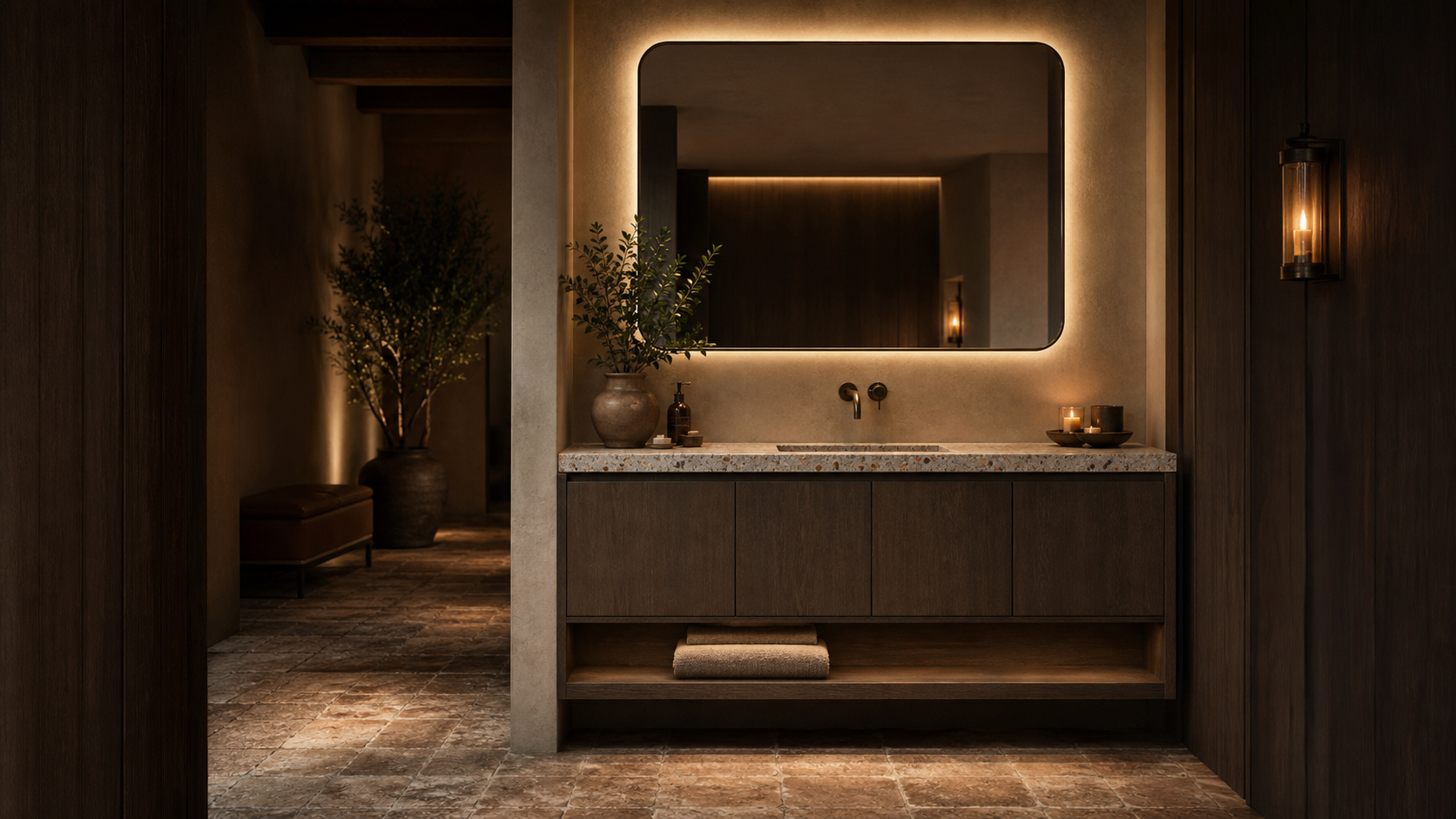 Fadior Solstice Bath and Vanity Suite with Moonstone Sill Towel Alcove — lifestyle setting with natural light and