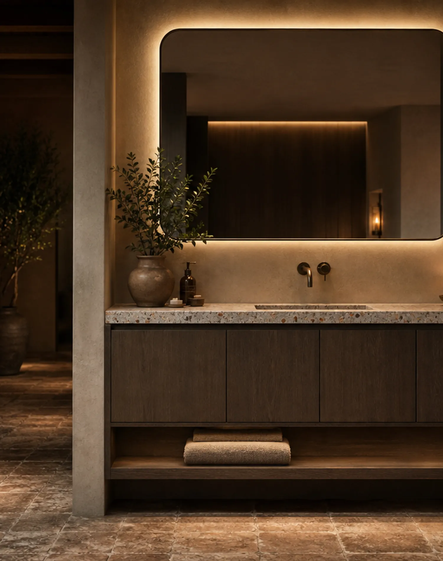 Suite de Baño y Tocador Solstice con Repisa de Piedra Lunar y Hueco para Toallas estudio de adaptación