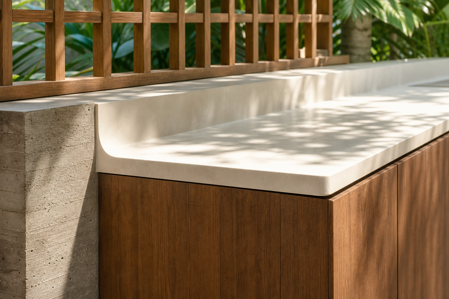Fadior Horizon Outdoor Kitchen Suite with Staron Seamless Counter Cove — close-up of stainless steel finish and hardware
