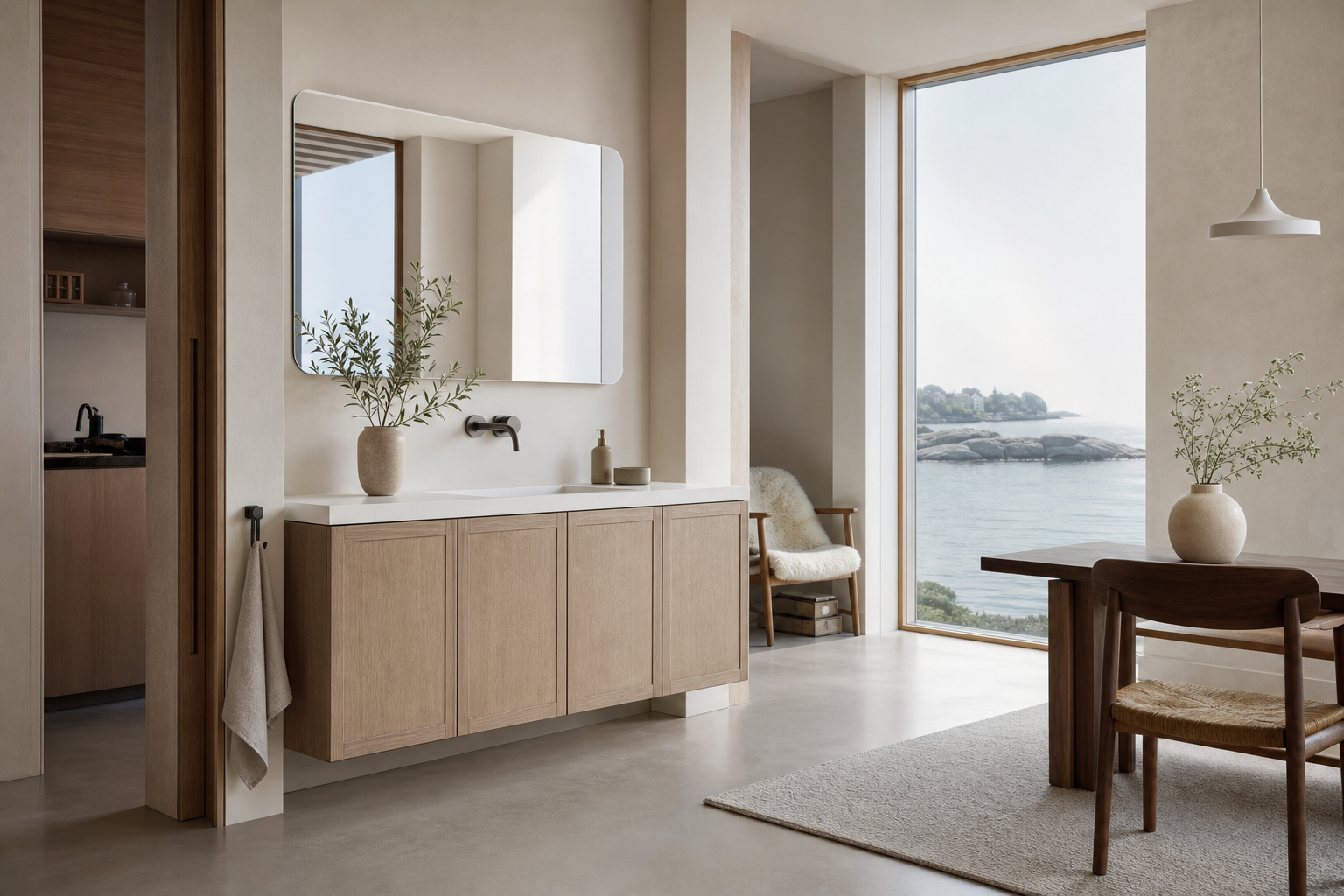 Fadior Voyage Bath Bathroom Suite with Clarity Basin Vanity — interior room context showing cabinet integration