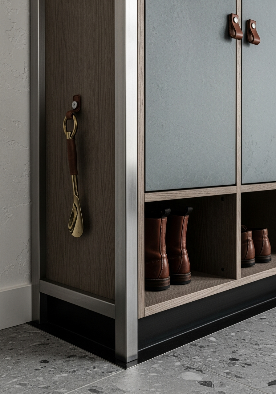 Fadior Archetype Entryway Cabinet — close-up of stainless steel finish and hardware detail