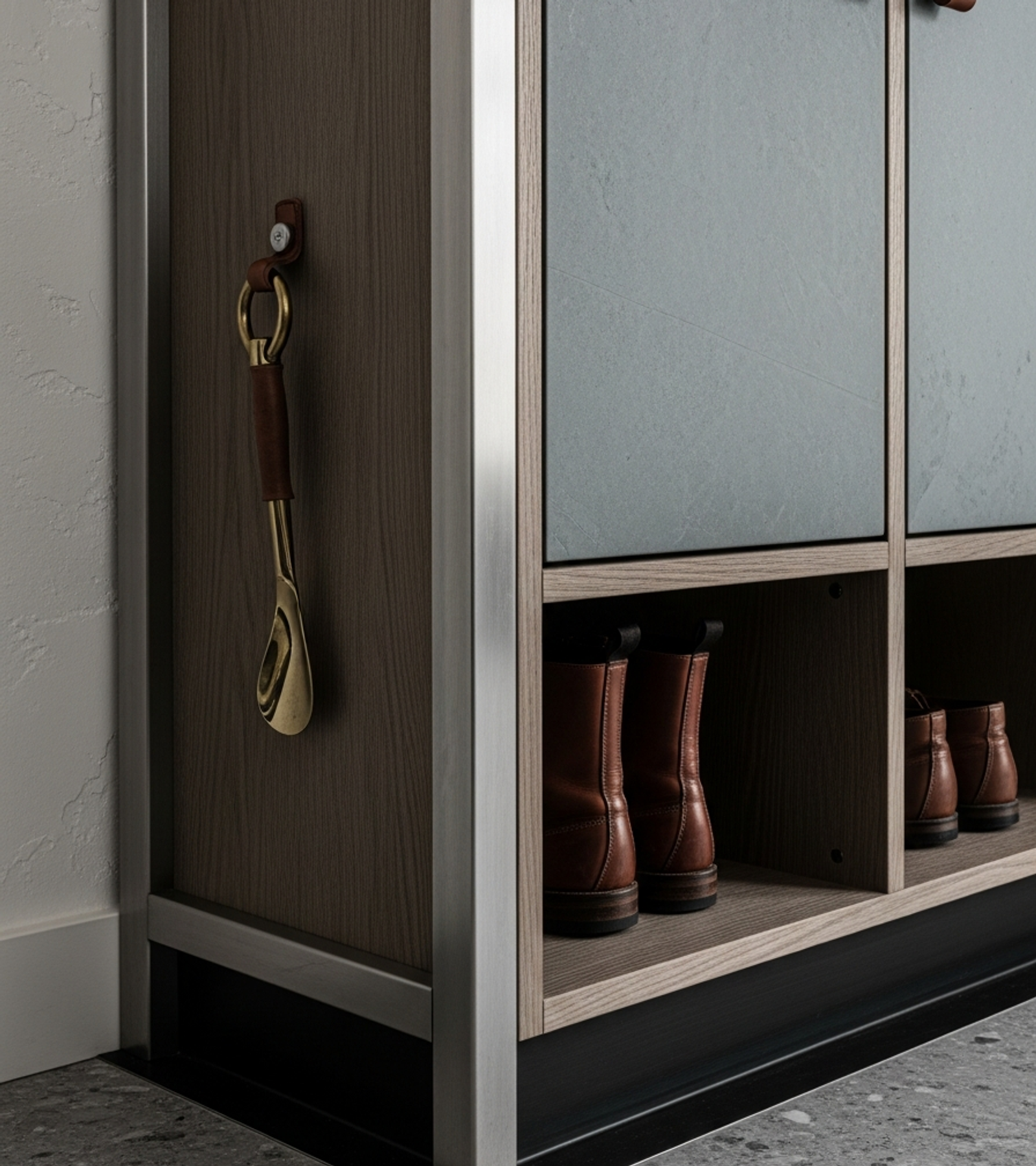 Fadior Archetype Entryway Cabinet — close-up of stainless steel finish and hardware detail