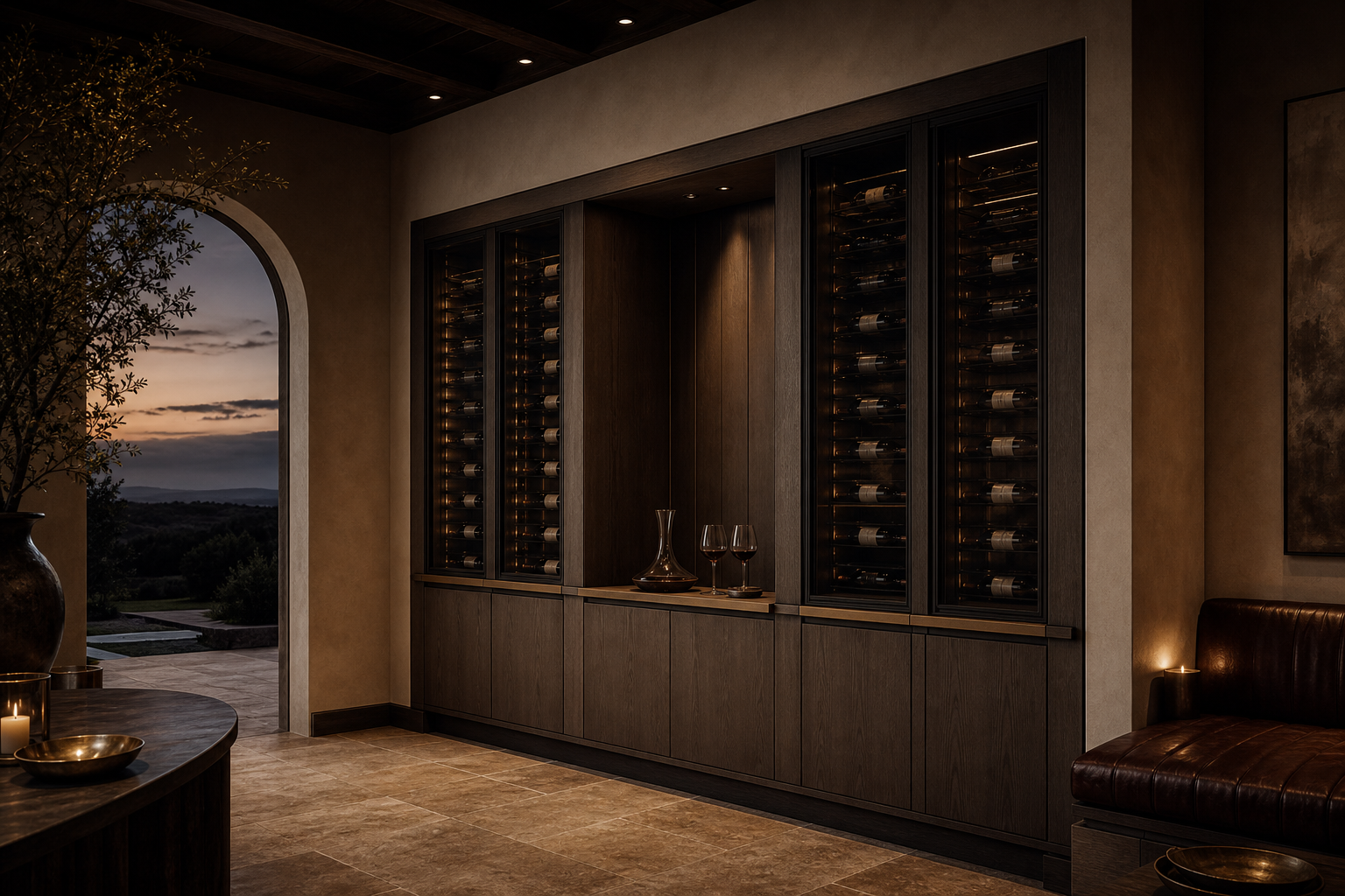 Fadior Cru Wine Cabinet Suite with Climate Glass Decanting Wall — lifestyle setting with natural light and residential