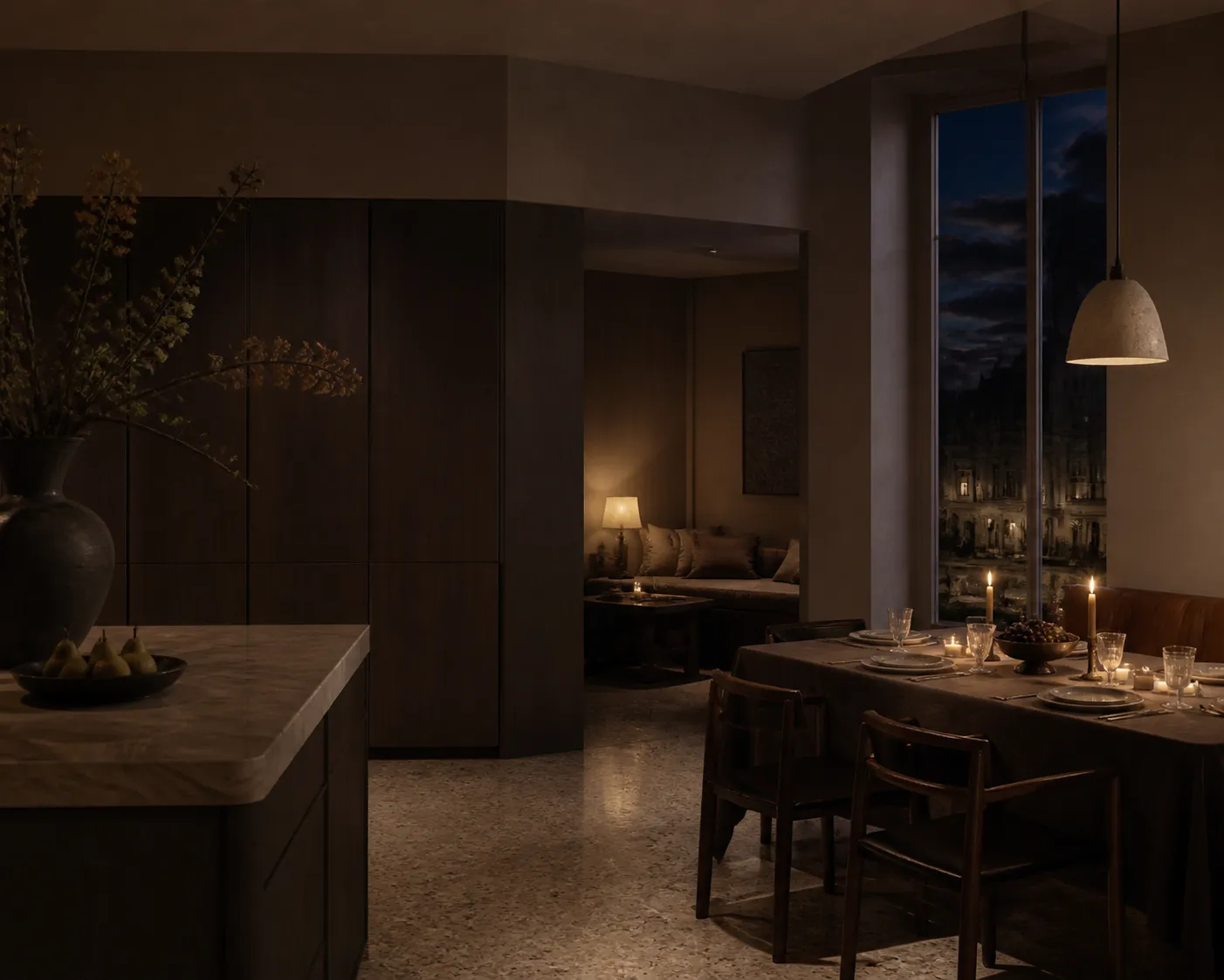 Fadior Warm townhouse kitchen dining scene with oak and plaster,