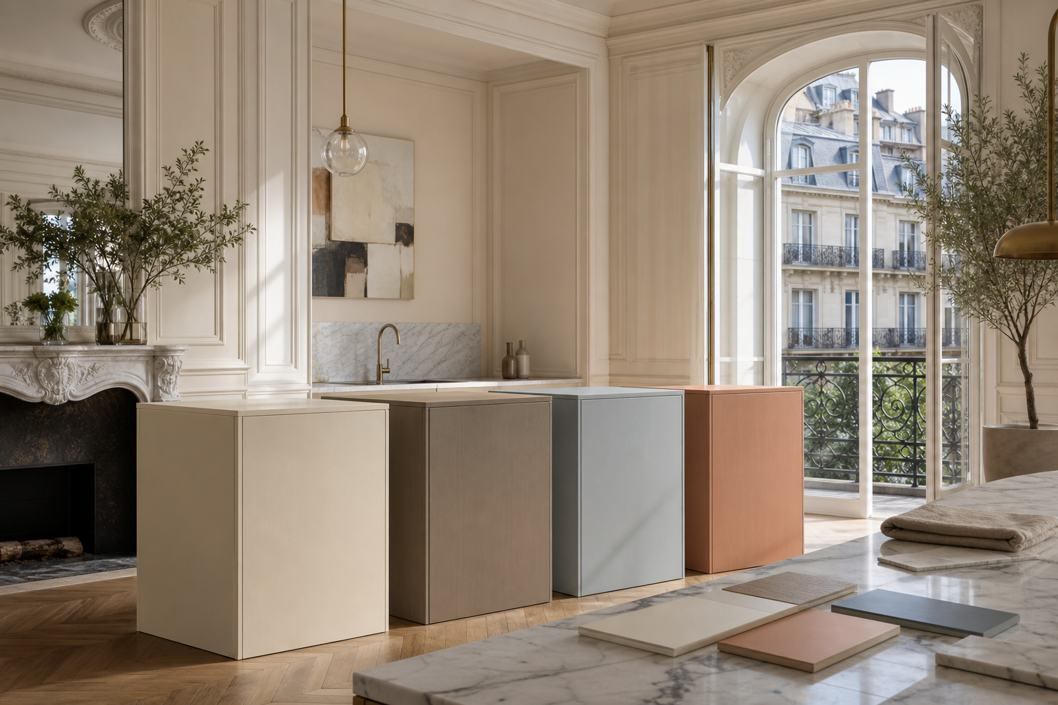 Atmospheric Paris kitchen corner showing cream, slate blue and warm taupe material mood