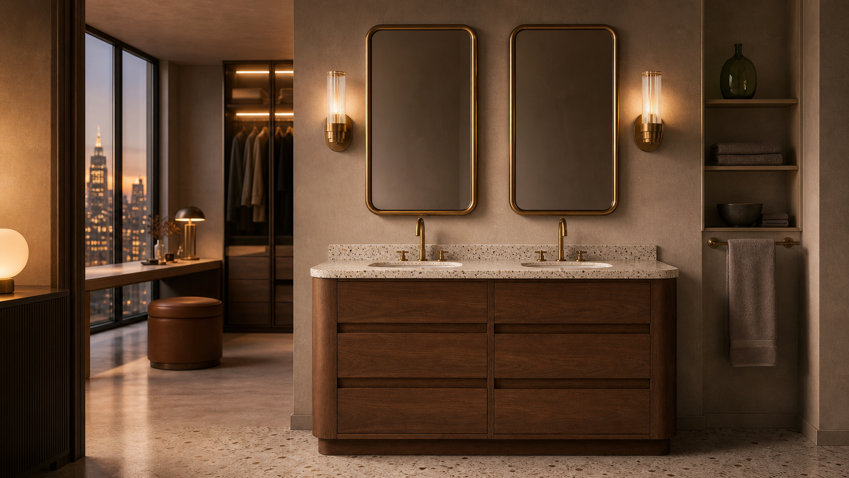 Fadior Voyage Bath Vanity Suite with Bronze Cove Double Vanity — lifestyle setting with natural light and residential styling