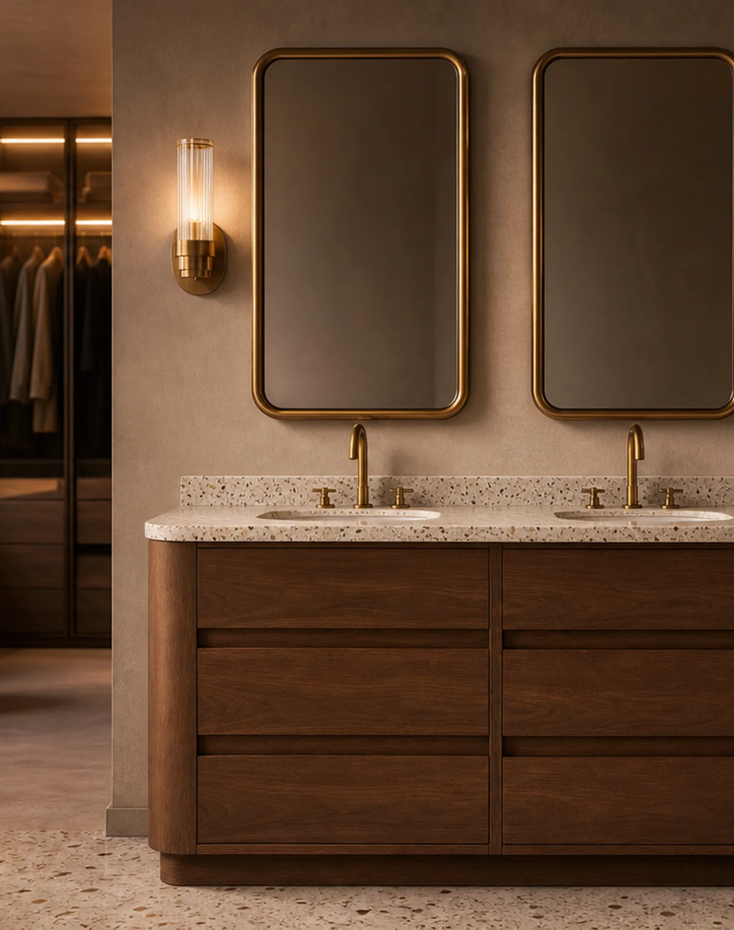 Fadior Voyage Bath Vanity Suite with Bronze Cove Double Vanity — lifestyle setting with natural light and residential styling