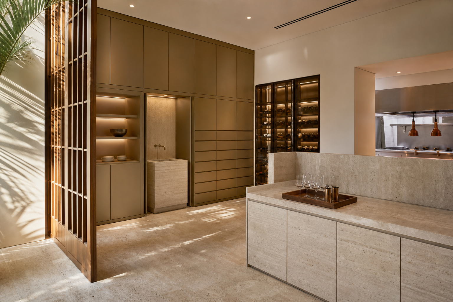Fadior Dubai Chef Table Commercial Kitchen — pantry cabinet, stone counter, wine wall, palm shadow