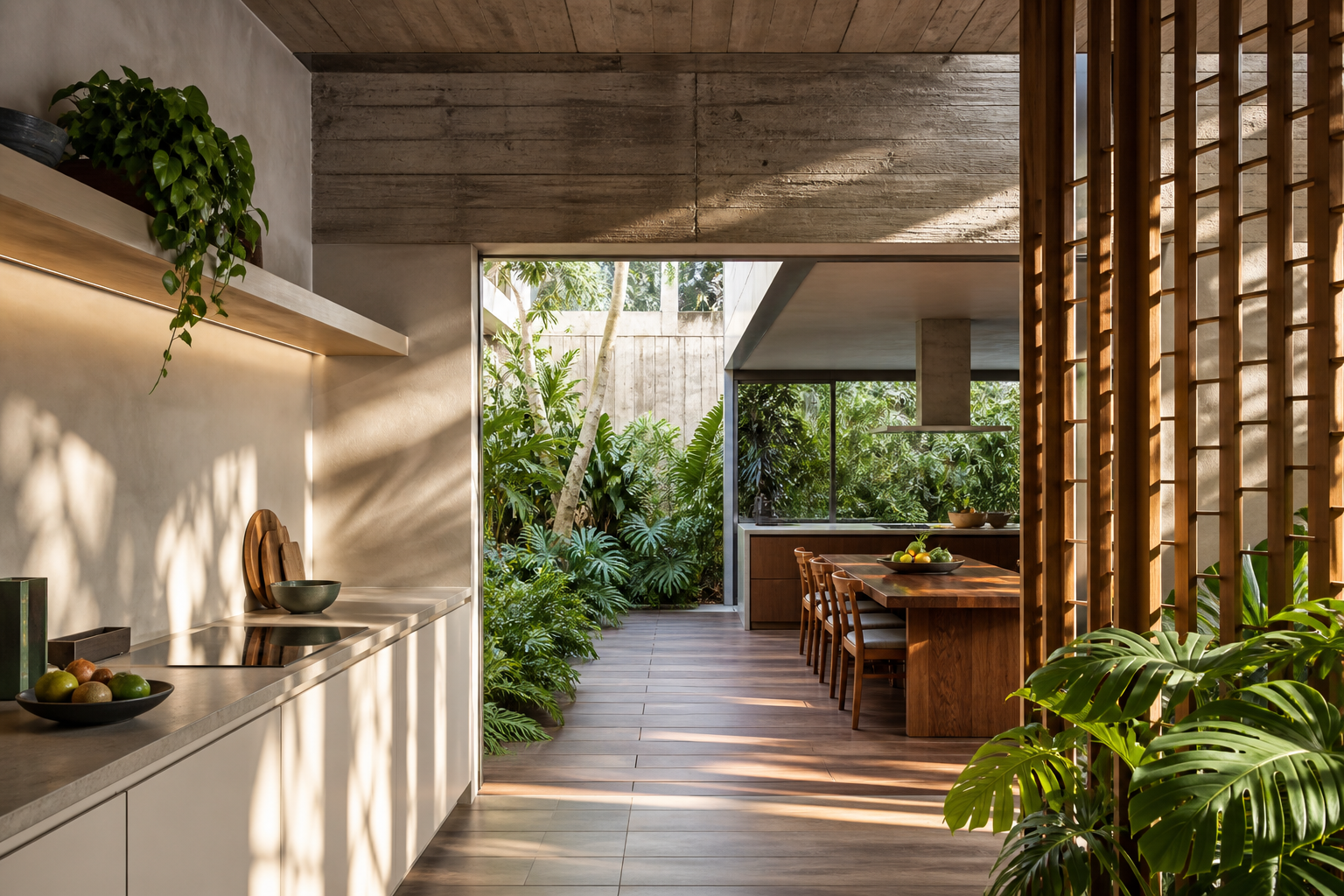 Garden-facing kitchen and dining scene comparing calm concrete and timber surfaces through light and shadow.
