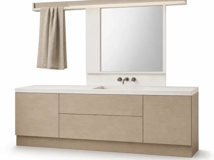 Fadior Solstice Bath and Vanity Suite with Clerestory Towel Bridge — 304 stainless steel bath and vanity system, front view