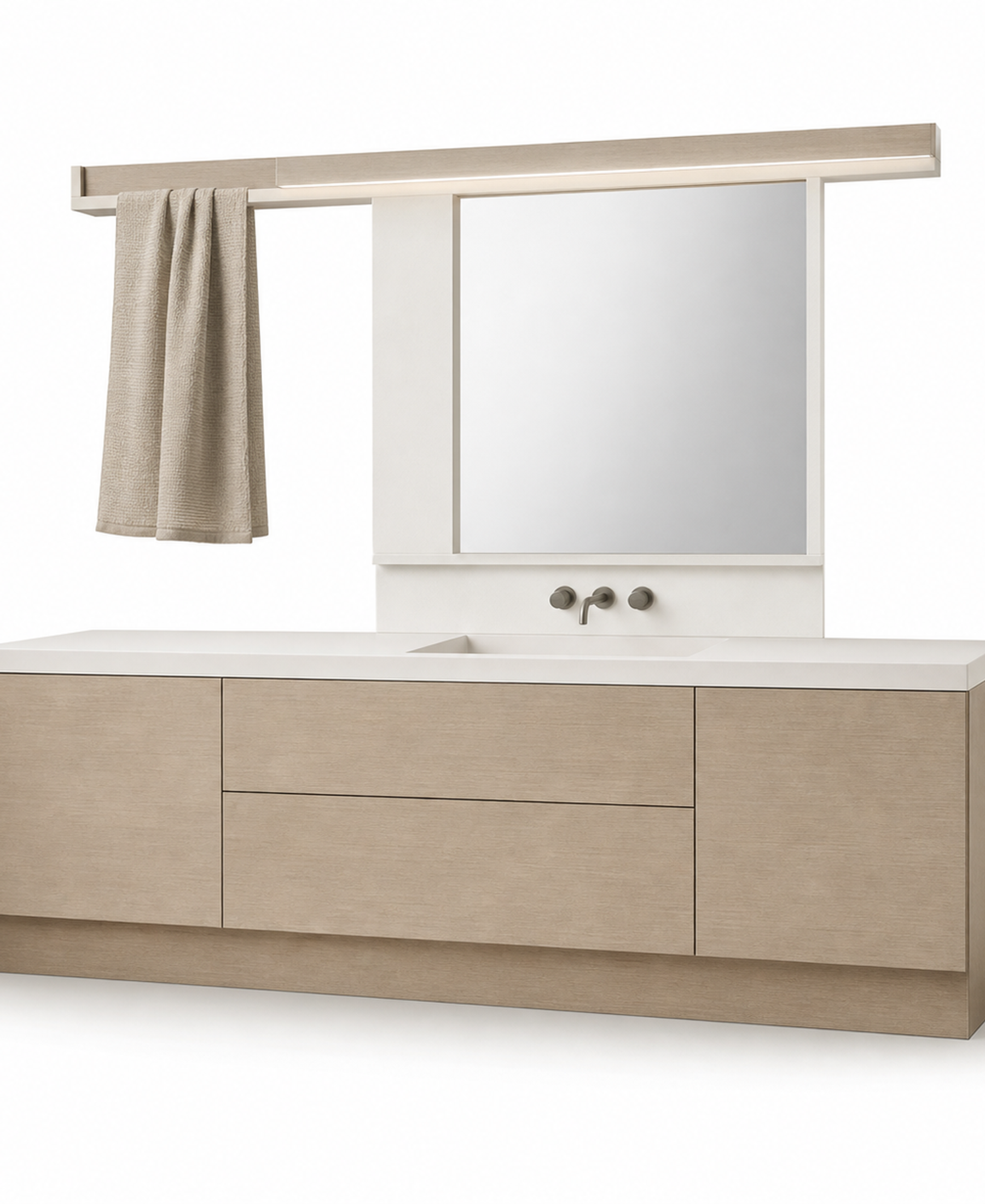 Fadior Solstice Bath and Vanity Suite with Clerestory Towel Bridge — 304 stainless steel bath and vanity system, front view