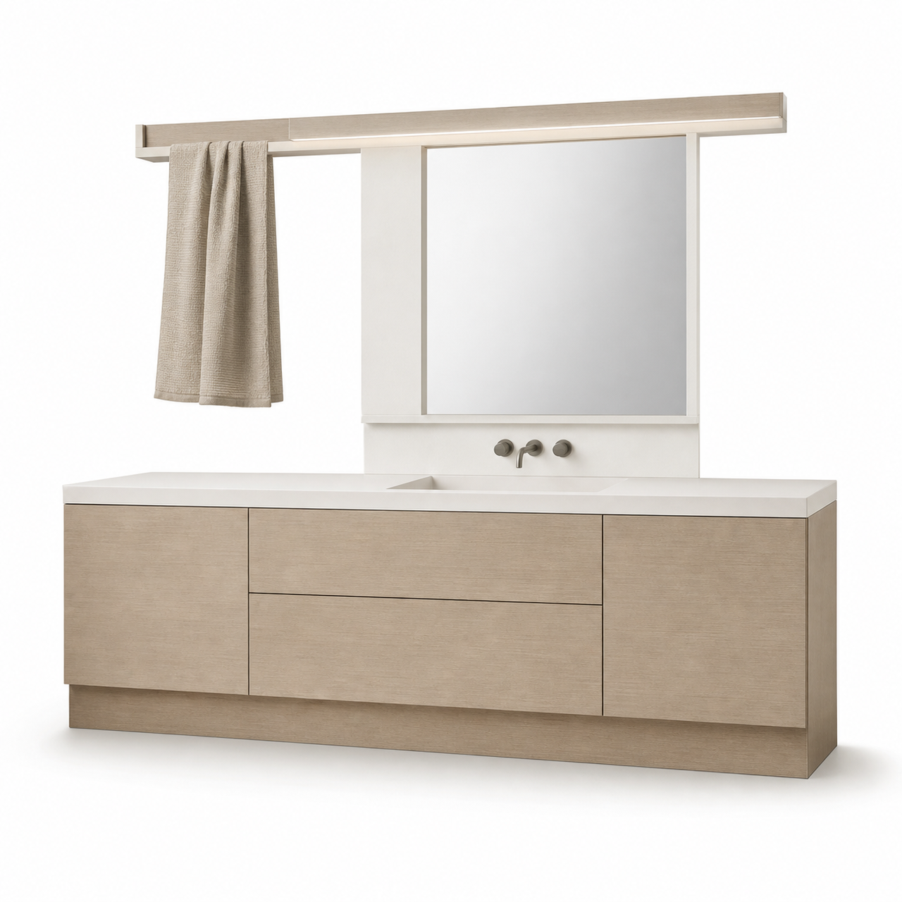 Fadior Solstice Bath and Vanity Suite with Clerestory Towel Bridge — 304 stainless steel bath and vanity system, front view